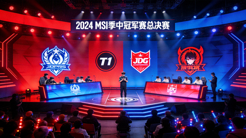 英雄联盟MSI季中冠军赛总决赛T1战队与JDG战队对决舞台画面
